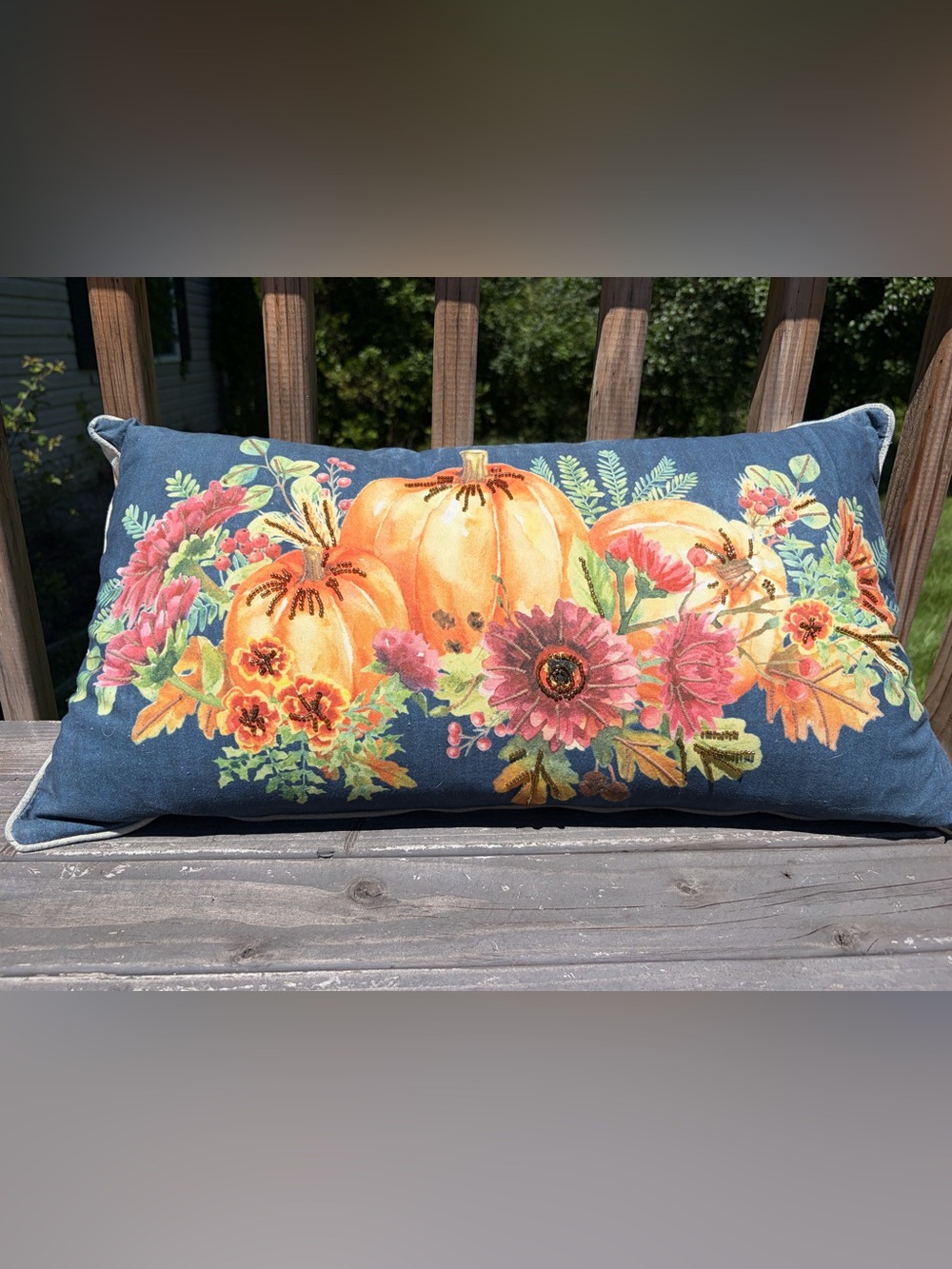 Rachel Ashwell The Farmhouse Pillow Embroidered Pumpkins Fall Theme‎ Small Flaw